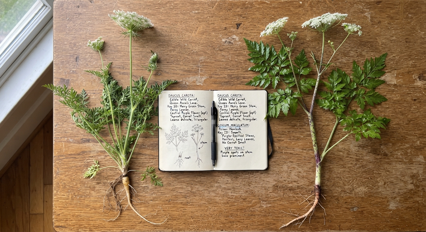 A flat-lay comparison on a wooden table showing wild carrot and poison hemlock specimens side by side, field notebook with handwritten notes between them, natural window light, botanical comparison, realistic, shot by iphone 13