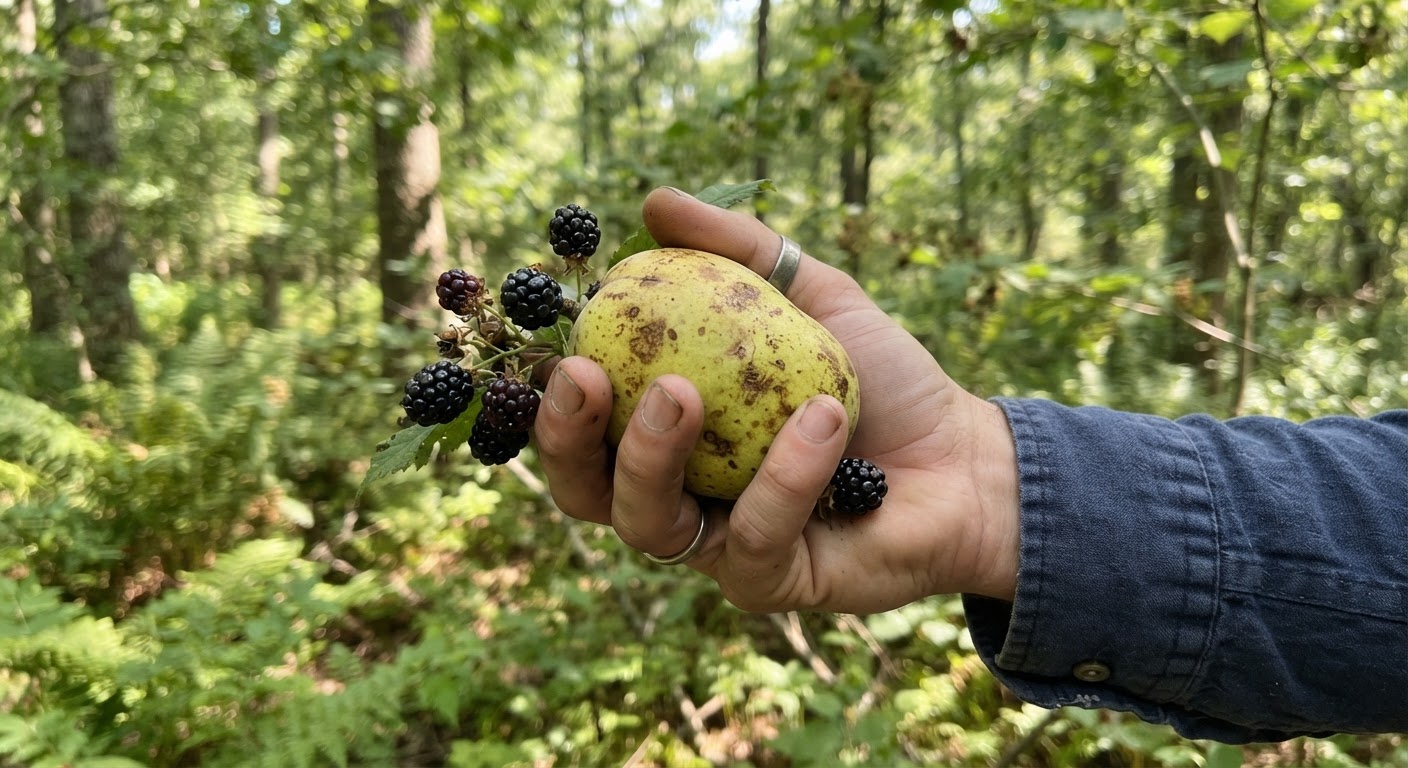 A forager hand holding a freshly picked pawpaw fruit and wild blackberries against a natural woodland backdrop, dappled forest light, organic textures visible on fruit skin, realistic, shot by iphone 13