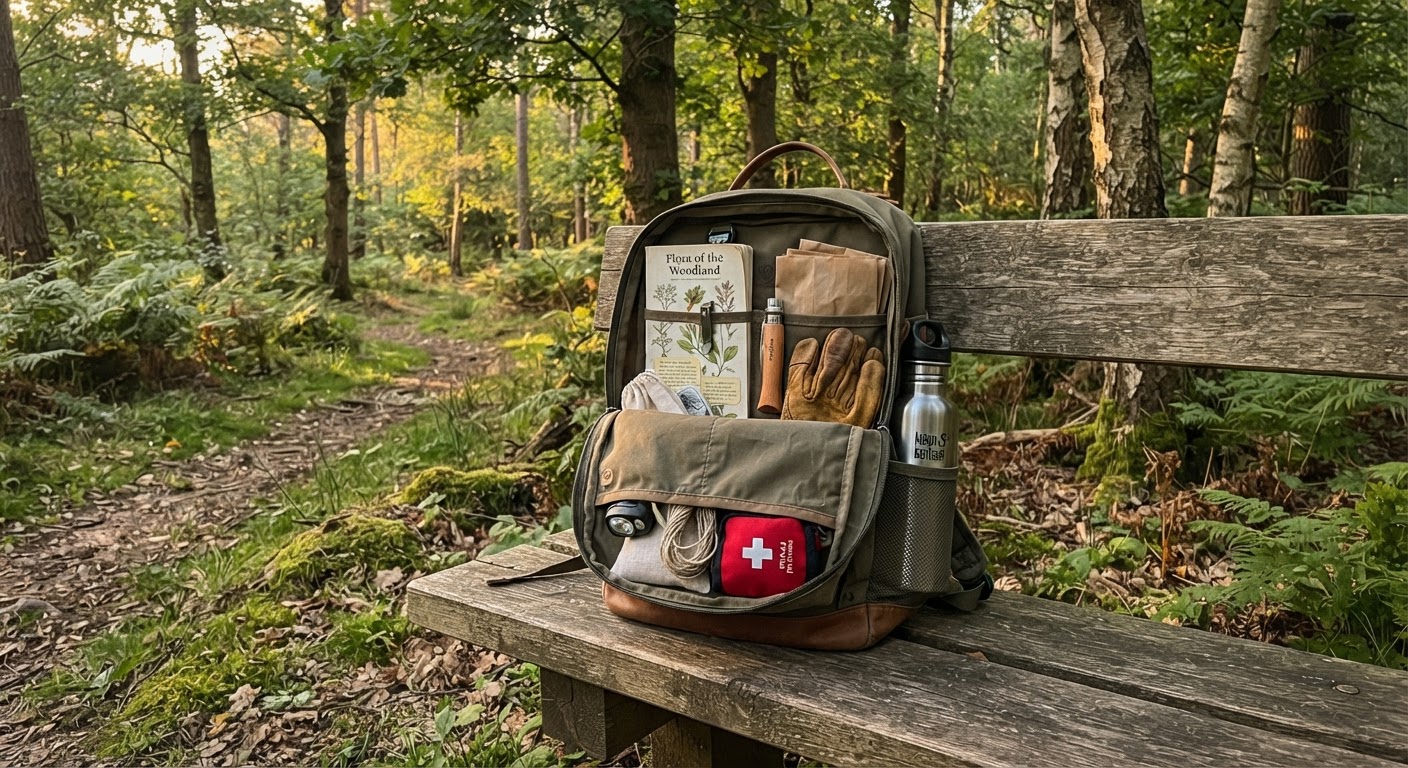 A neatly organized foraging daypack sitting open on a wooden bench at the edge of a forest trail, contents visible: field guide, folding knife, leather gloves, paper bags, water bottle, and small first aid kit, golden hour light filtering through trees