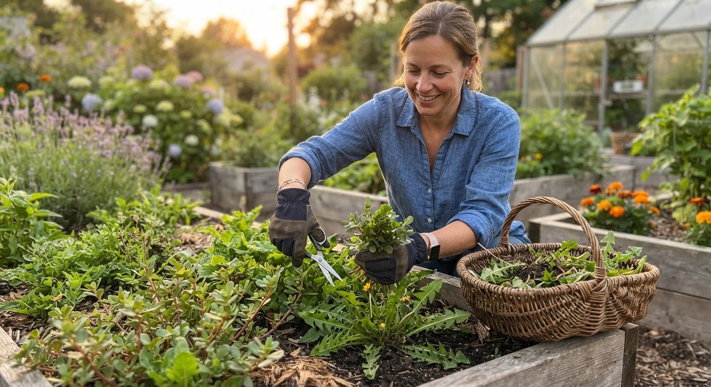 A person wearing gardening gloves gently harvesting purslane and dandelion greens with herb scissors from a raised garden bed, wicker basket half-full of fresh wild greens beside them, soft golden hour sunlight, backyard setting, realistic, shot by iphone 13