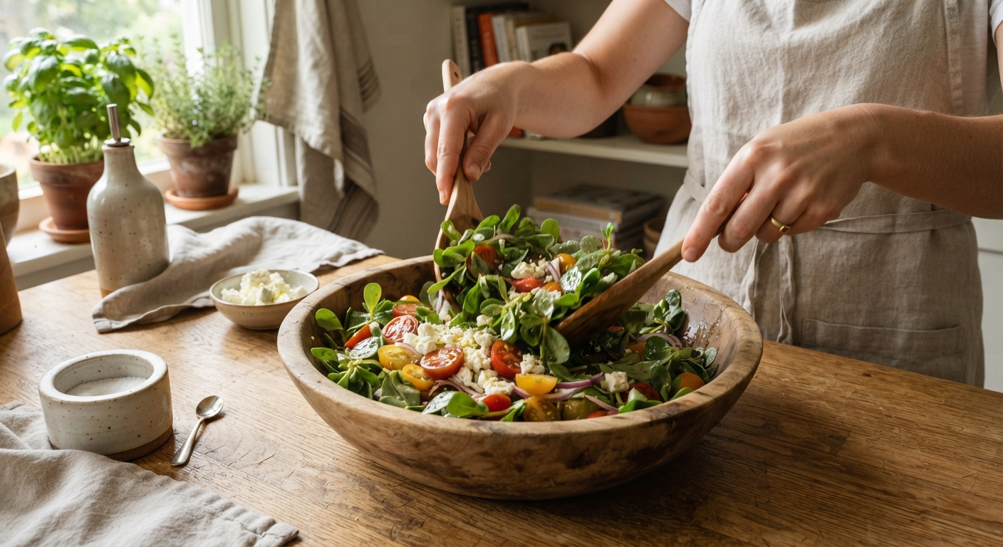 A rustic kitchen scene, a wooden bowl of fresh purslane salad with cherry tomatoes, feta cheese, and olive oil, hands tossing the salad, fresh purslane leaves glistening, natural window lighting, food photography style, realistic, shot by iphone 13