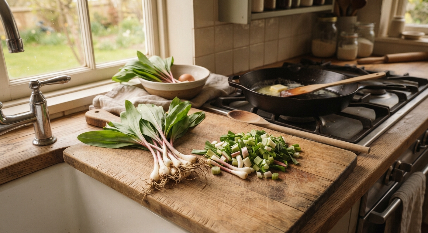 Freshly harvested wild ramps on a wooden cutting board, some whole with roots and green leaves, some chopped ready for cooking, cast iron skillet with butter in the background, warm natural light from a window