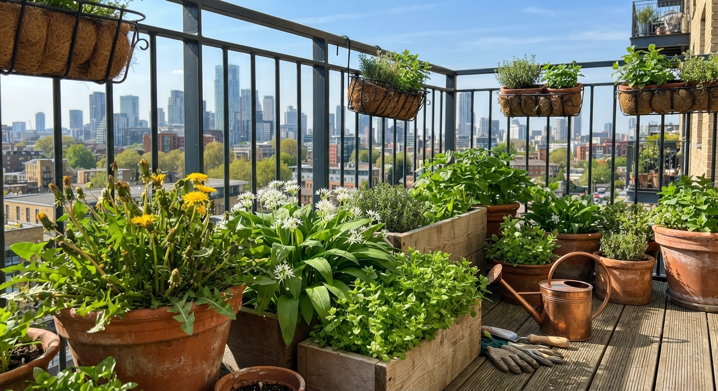 A sunny apartment balcony with terracotta pots and wooden planter boxes growing edible wild plants - dandelions, wild garlic, and chickweed thriving in containers, urban skyline visible in background, watering can nearby, natural afternoon light, realistic, shot by iphone 13