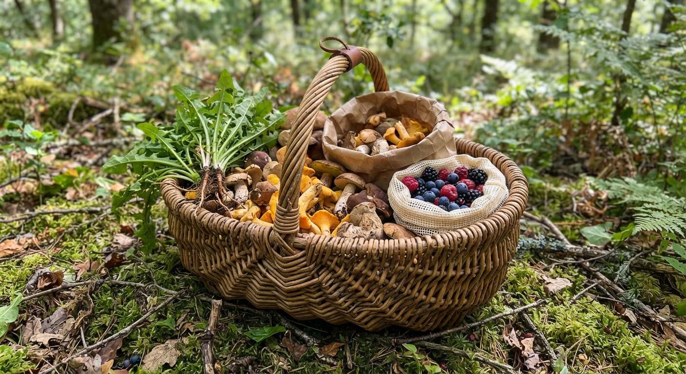 A wicker foraging basket filled with fresh wild mushrooms, dandelion greens, and wild berries, with paper bags and mesh produce bags visible inside, forest floor setting