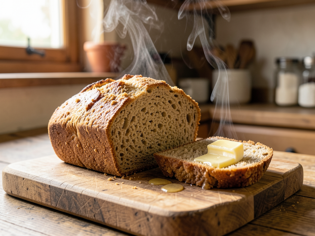 Freshly baked golden acorn flour bread loaf on a wooden cutting board, butter melting on a slice