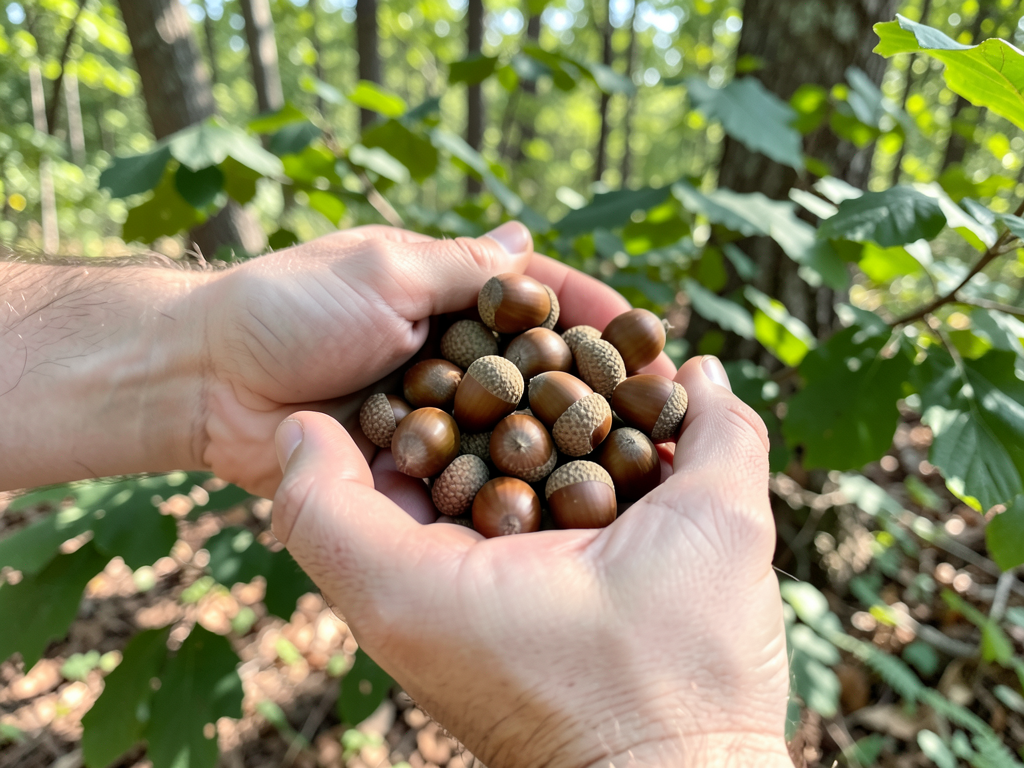 A person’s hands holding freshly foraged acorns in a sunlit oak forest