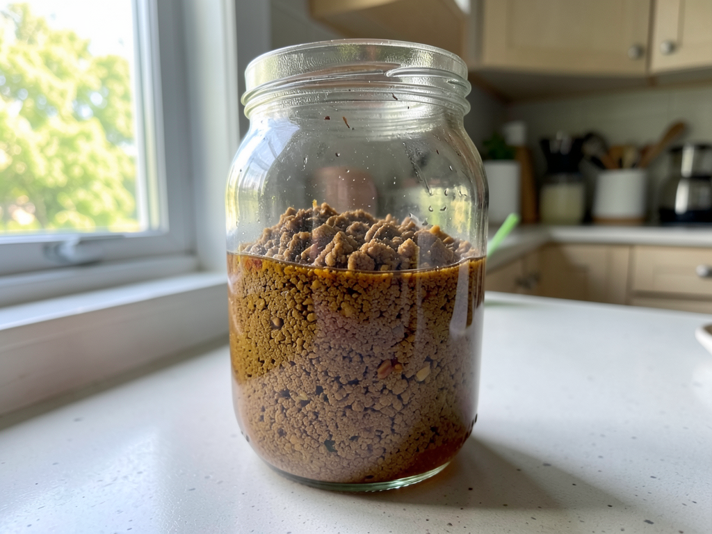 Acorn meal leaching in a glass jar with amber-colored water