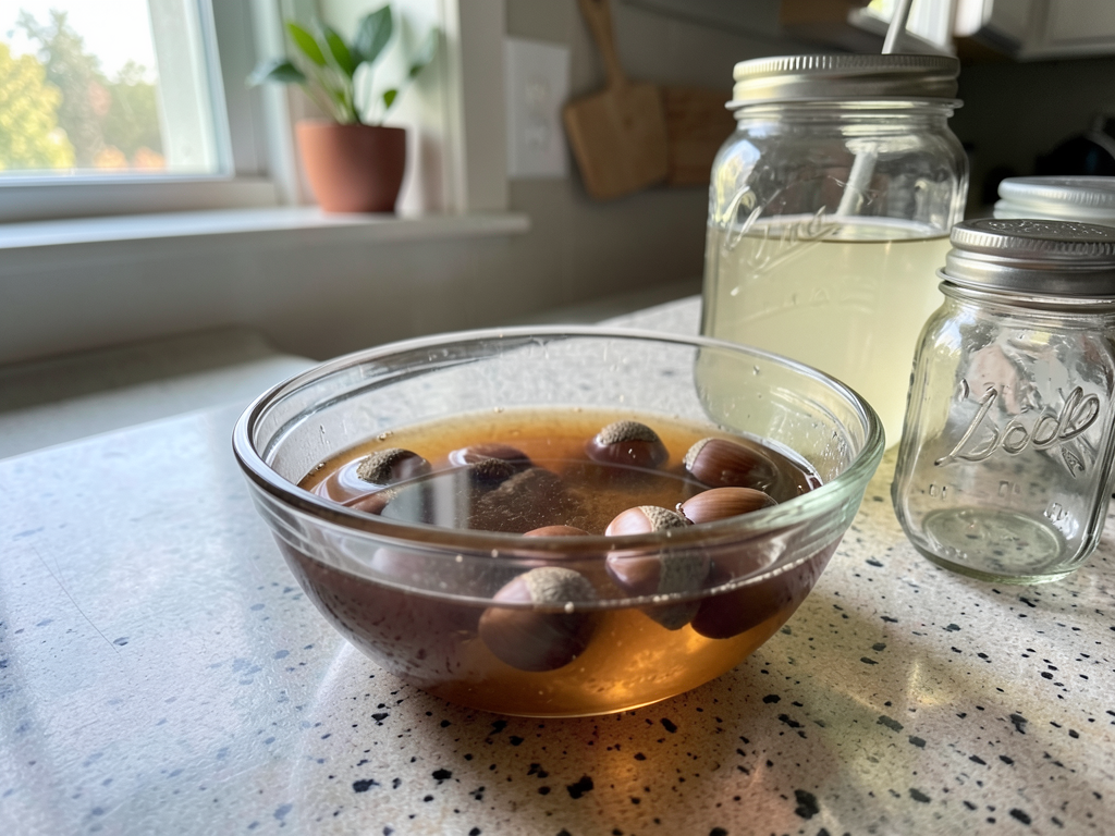 A glass bowl with acorn meal being leached in water, brown tannin water visible