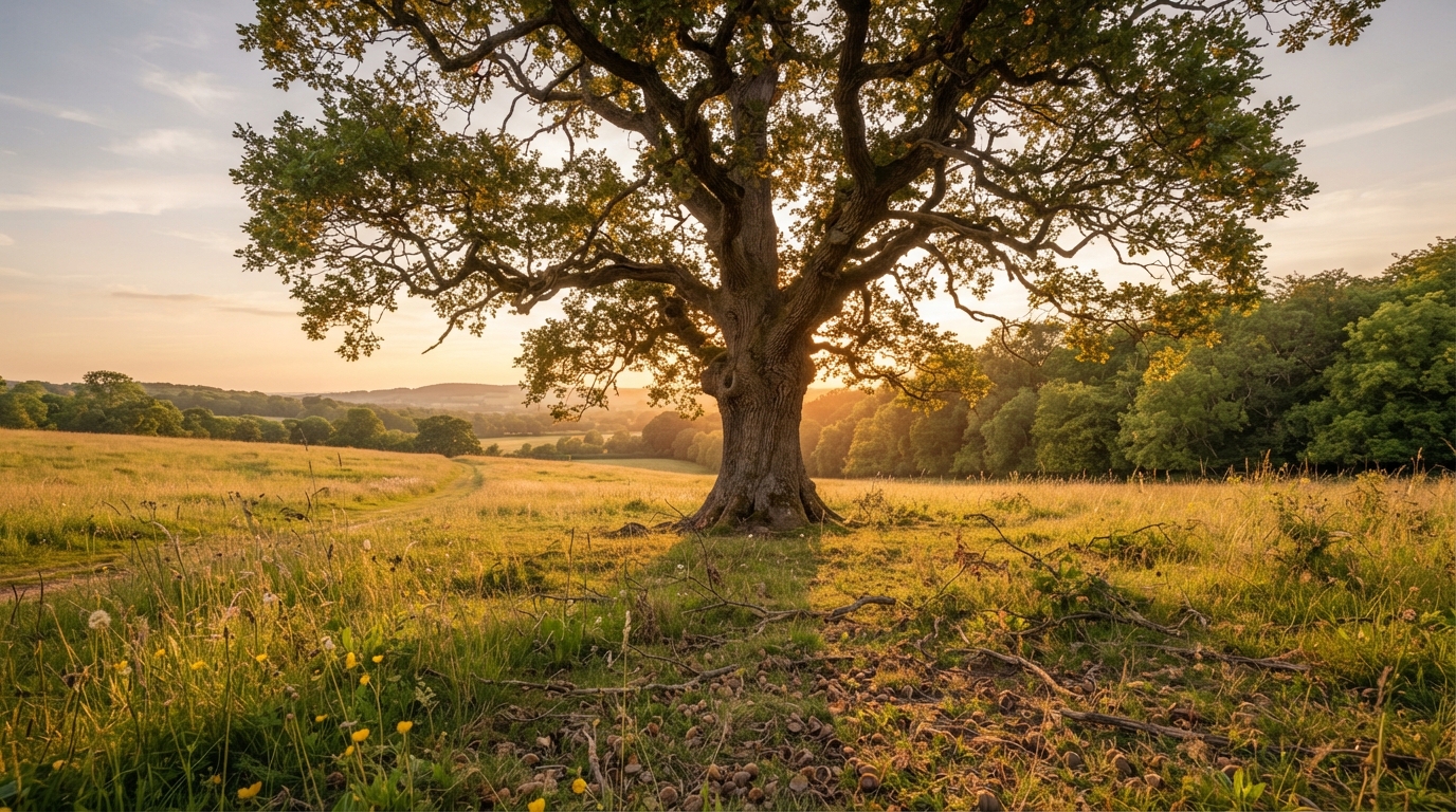 A majestic oak tree in golden hour sunset light in a peaceful meadow