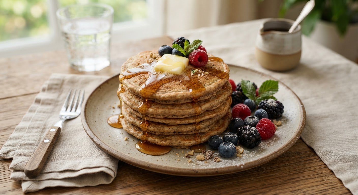 Stack of golden acorn flour pancakes with maple syrup and berries