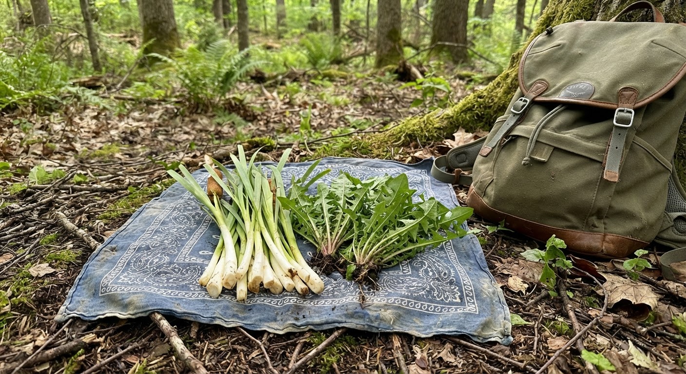 Freshly gathered wild edibles, cattail shoots and dandelion greens arranged on a bandana on the forest floor next to a hiking backpack, soft natural light