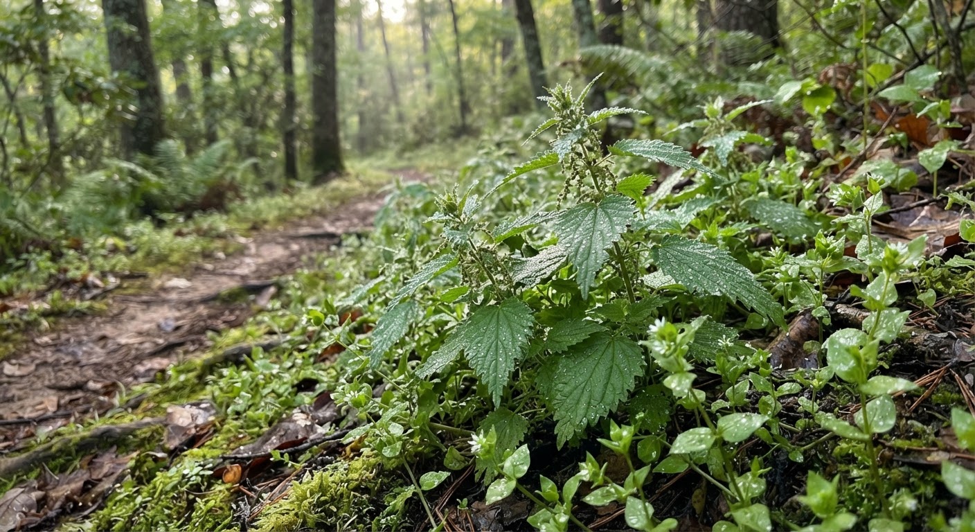 Stinging nettle and chickweed plants growing at the edge of a wooded hiking trail, morning light, shallow depth of field, dewy leaves