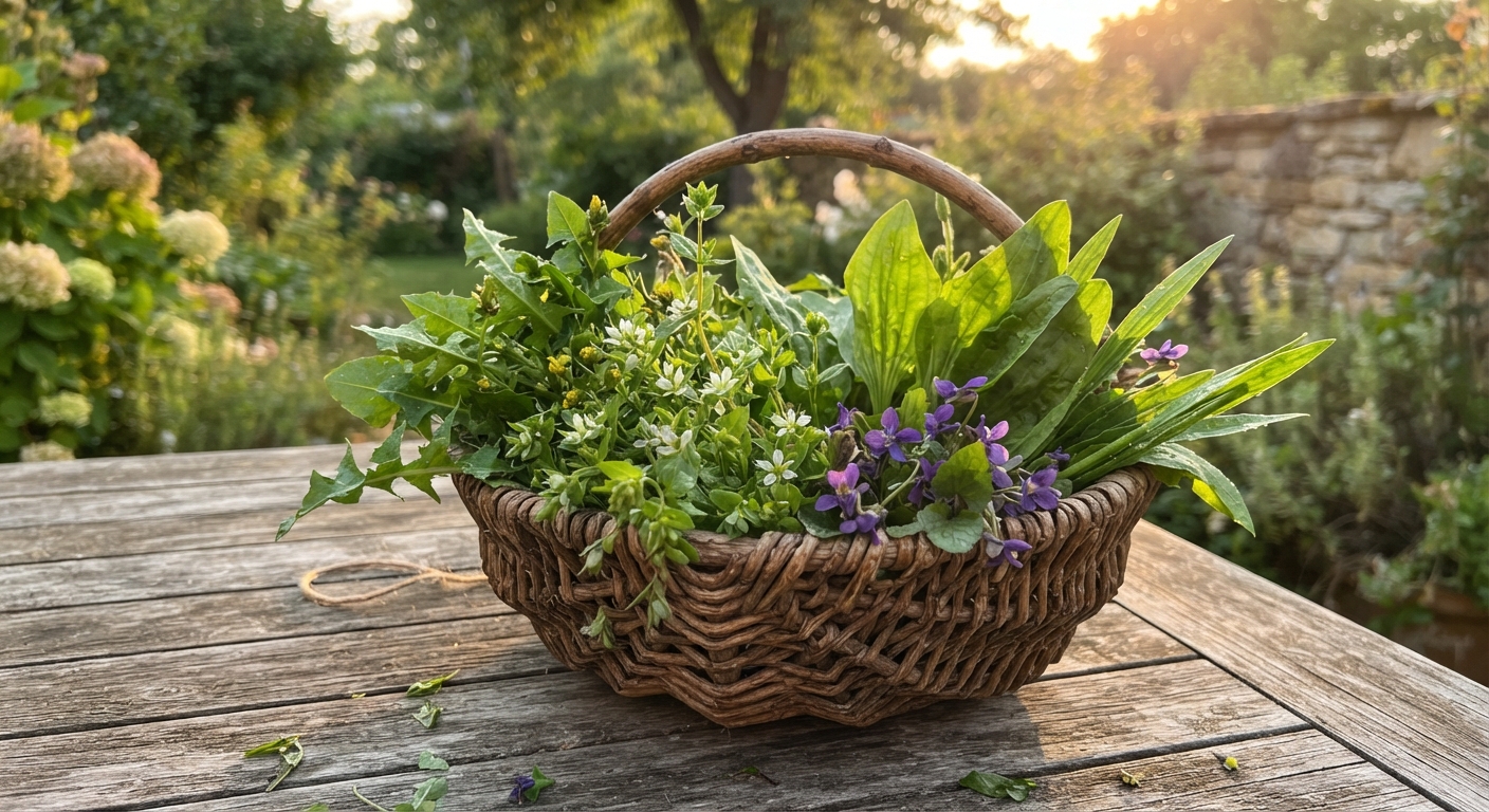 Rustic basket of foraged edible wild plants from a backyard