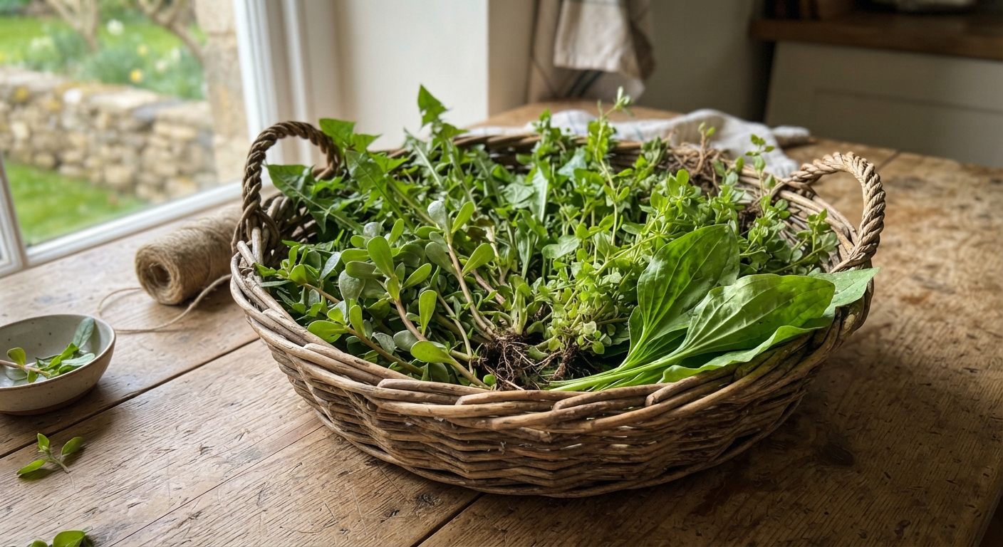A wicker basket filled with freshly foraged common edible weeds — dandelion greens, purslane with fleshy leaves, chickweed sprigs, and broadleaf plantain leaves, placed on a rustic wooden table in natural daylight