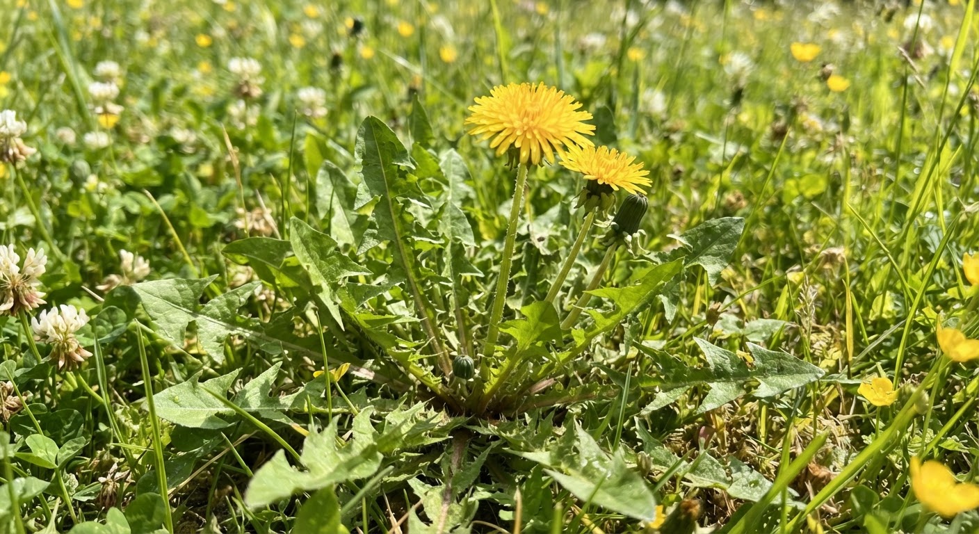 Close-up of dandelion leaves and flowers growing wild in a sunny meadow, vibrant green jagged leaves with yellow flower heads, natural outdoor setting with soft bokeh background, botanical detail visible, realistic, shot by iphone 13