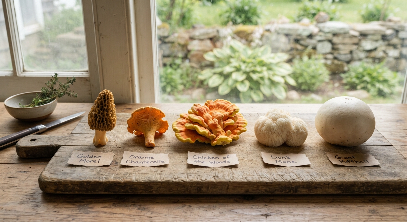 Five distinct edible wild mushrooms arranged on a rustic wooden cutting board with small handwritten labels, natural lighting, realistic, shot by iphone 13
