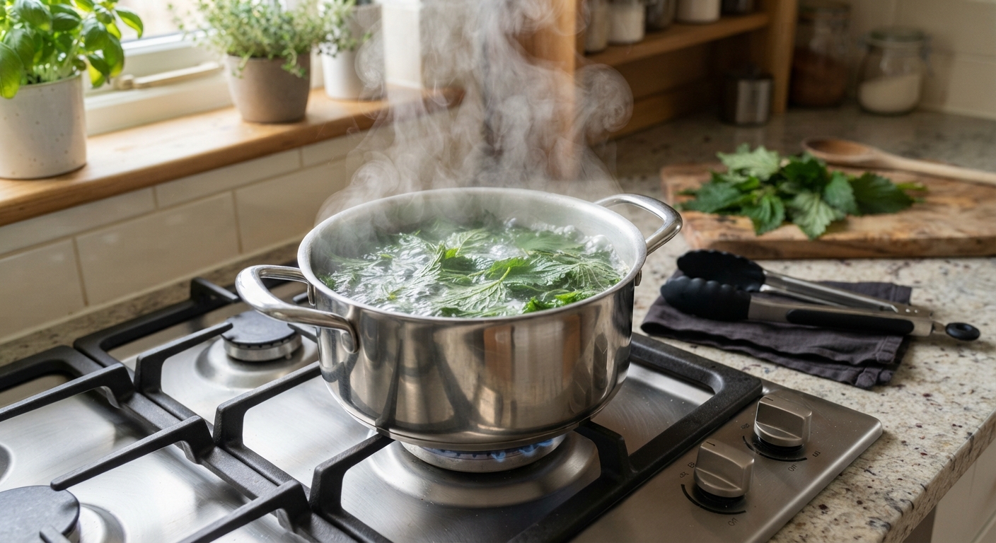 A stainless steel pot of boiling water with fresh stinging nettle leaves being blanched, steam rising, a pair of tongs resting beside the pot on a kitchen stove, natural kitchen lighting