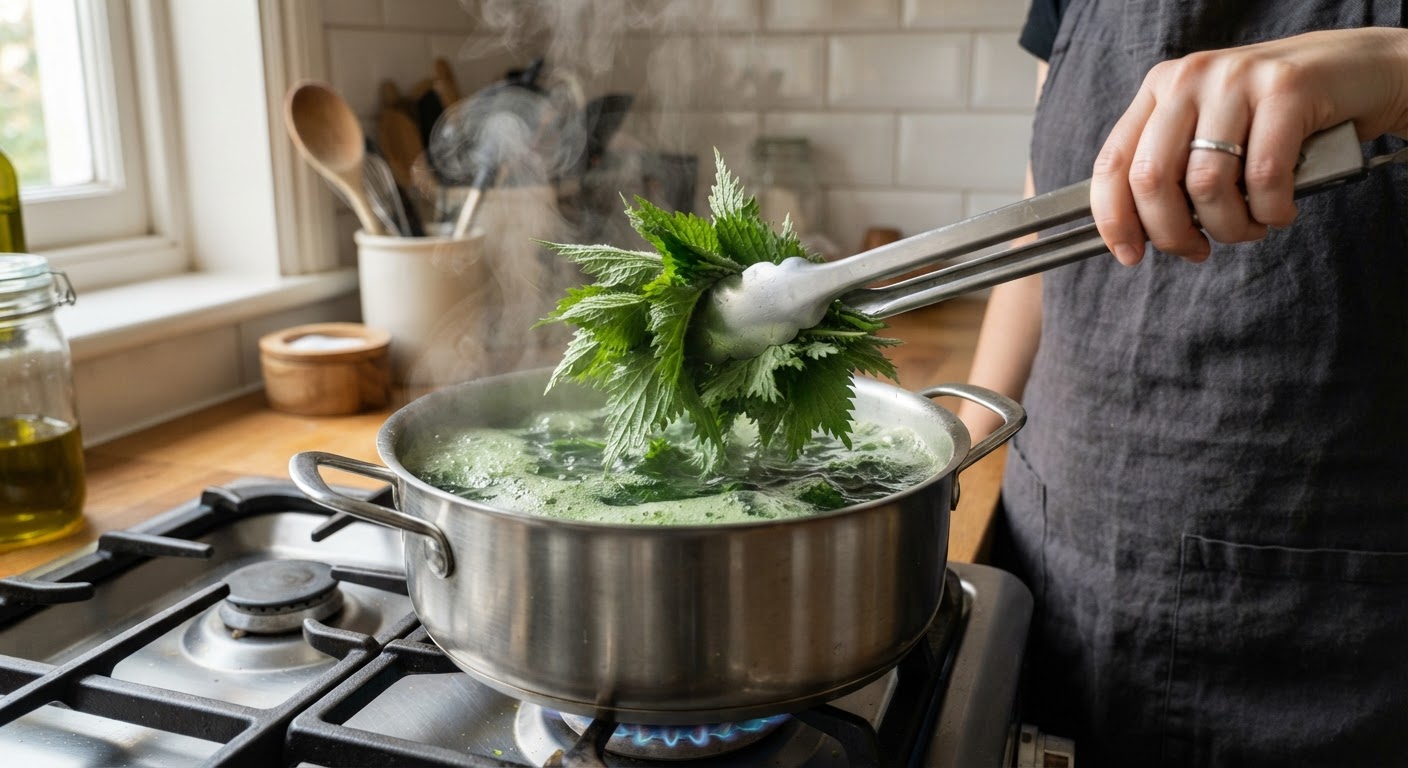 Fresh stinging nettle leaves lowered into a large pot of boiling water with long metal tongs, steam rising, home kitchen stove