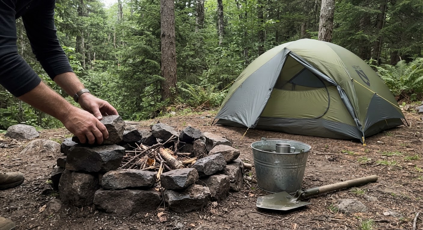 Hands stacking stones into a small campfire ring on bare dirt next to a tent in a forest, with a metal bucket of water and a folded shovel nearby