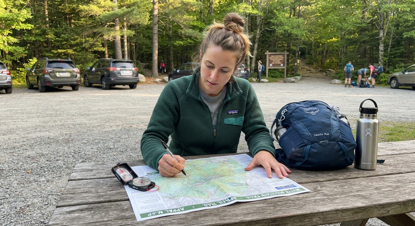 A person at a wooden picnic table marking a paper trail map with a pen, compass and backpack beside them, forest trailhead in the background