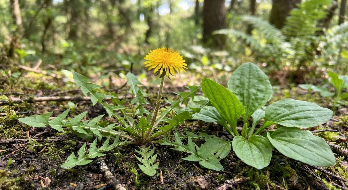 Close-up of a dandelion plant with bright yellow flower and toothed green leaves beside a broadleaf plantain growing wild in a forest clearing