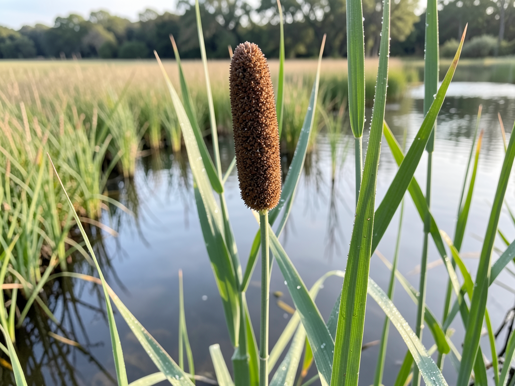Close-up of a mature cattail plant in a marsh