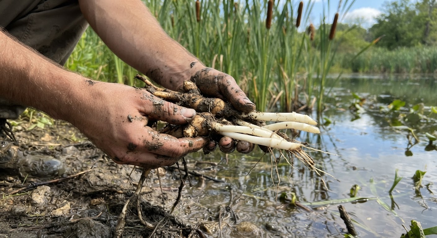 Muddy hands holding freshly pulled cattail roots and white shoots at the edge of a pond, cattail heads in the background