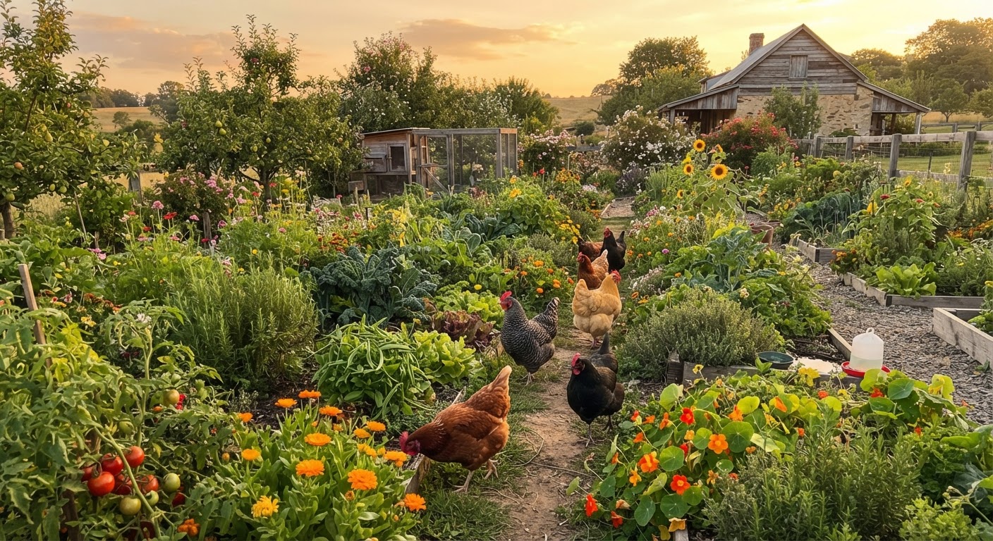 Happy free-range chickens in backyard garden at golden hour