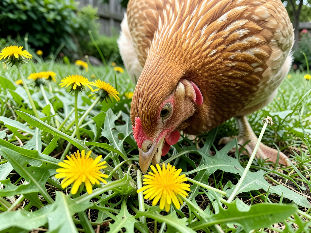 Chicken pecking at dandelion in backyard