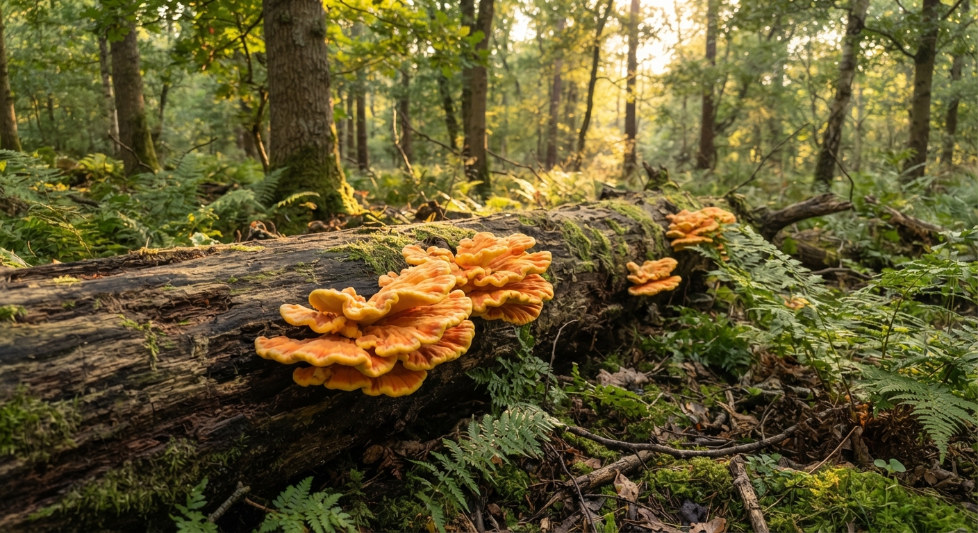 Golden hour forest with chicken of the woods on a fallen log