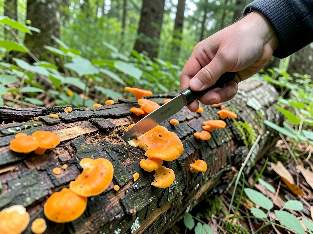 Harvesting chicken of the woods with a knife