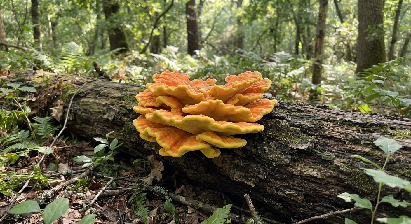 Bright orange chicken of the woods shelf fungus growing in tiers on a fallen oak log, dappled forest sunlight