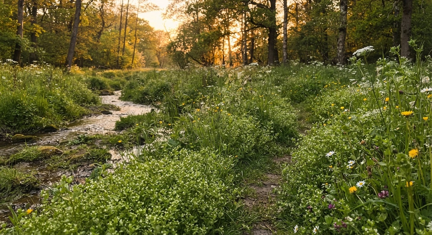 A wild meadow with patches of chickweed carpeting the ground in golden hour sunlight