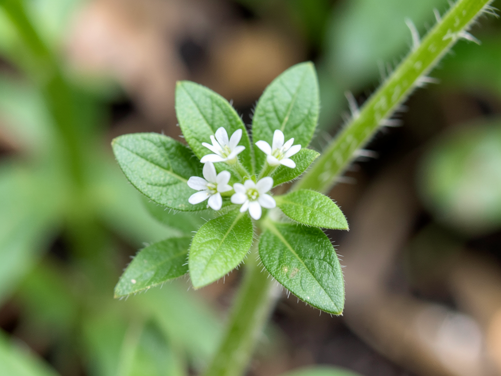 Close-up macro photo of chickweed identification features — tiny white star-shaped flowers, opposite oval leaves, and a single line of hairs on the stem