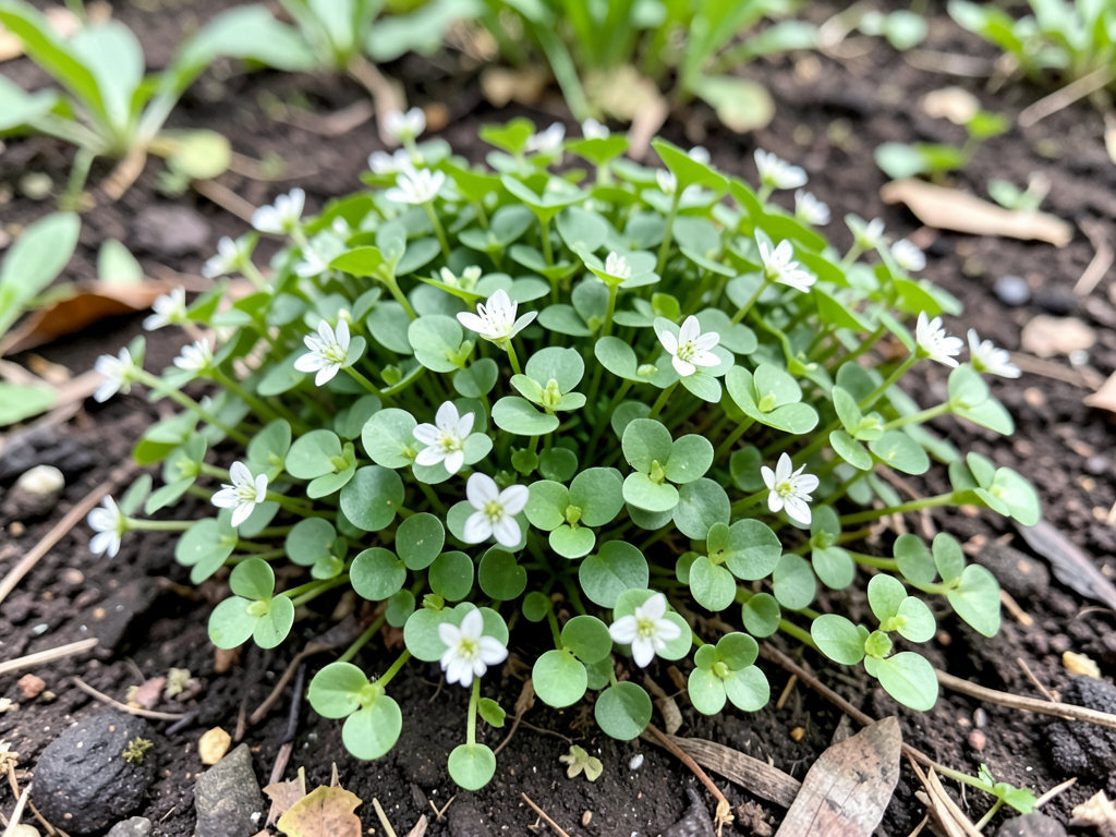 Lush green patch of chickweed growing in garden soil