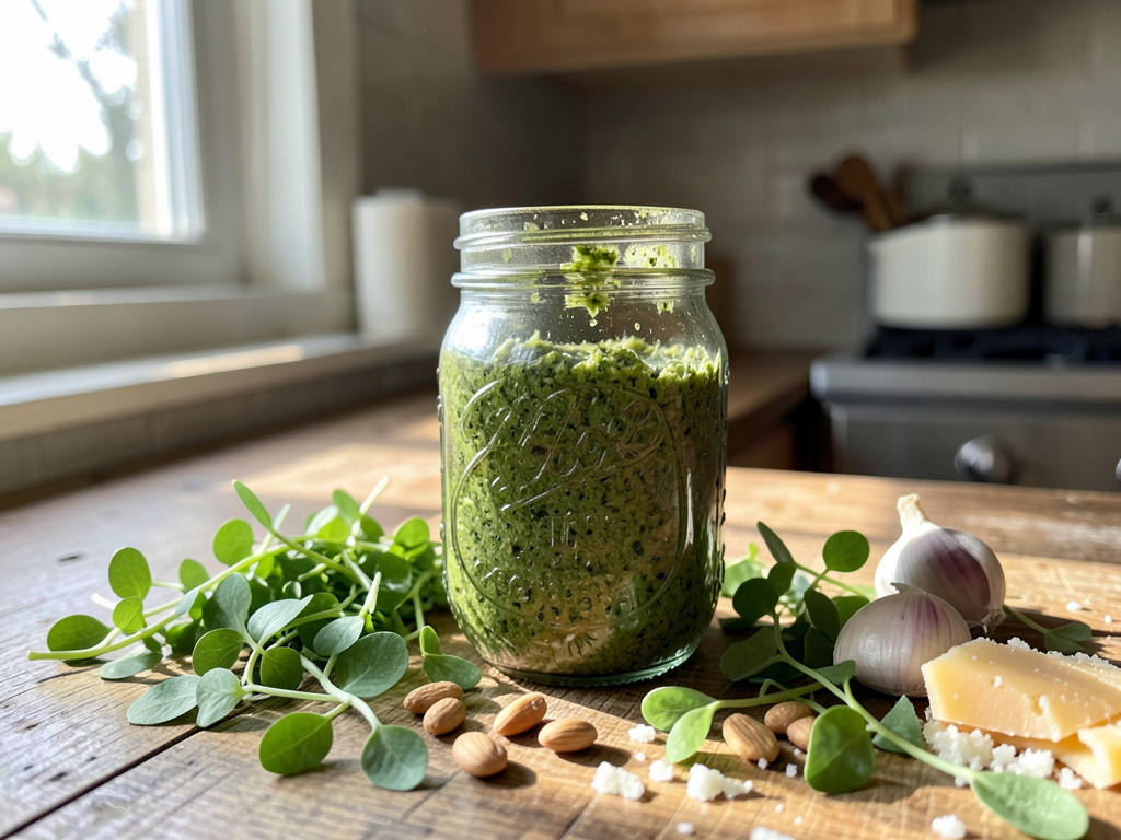 Homemade chickweed pesto in a glass jar with fresh leaves, pine nuts, and parmesan