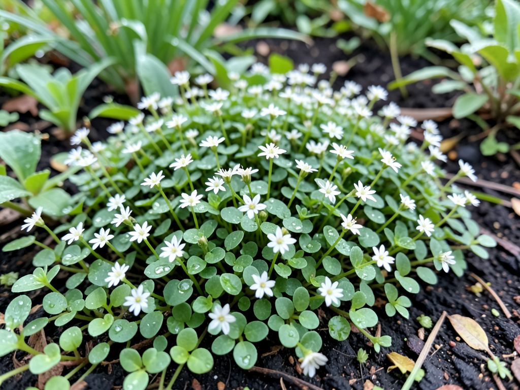 A lush mat of chickweed with tiny white star-shaped flowers and small oval green leaves growing in a garden bed