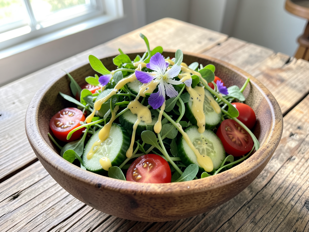 A fresh chickweed salad in a rustic wooden bowl with cherry tomatoes, cucumber, and edible flowers
