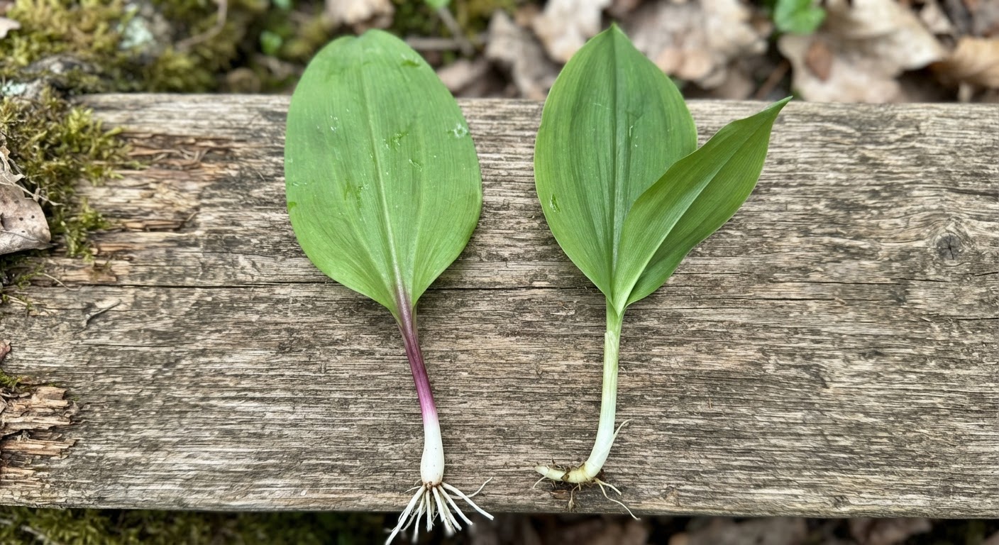 Close-up comparison of wild ramps leaves and stem on the left versus lily of the valley on the right, showing the distinct differences in leaf veins and stem color