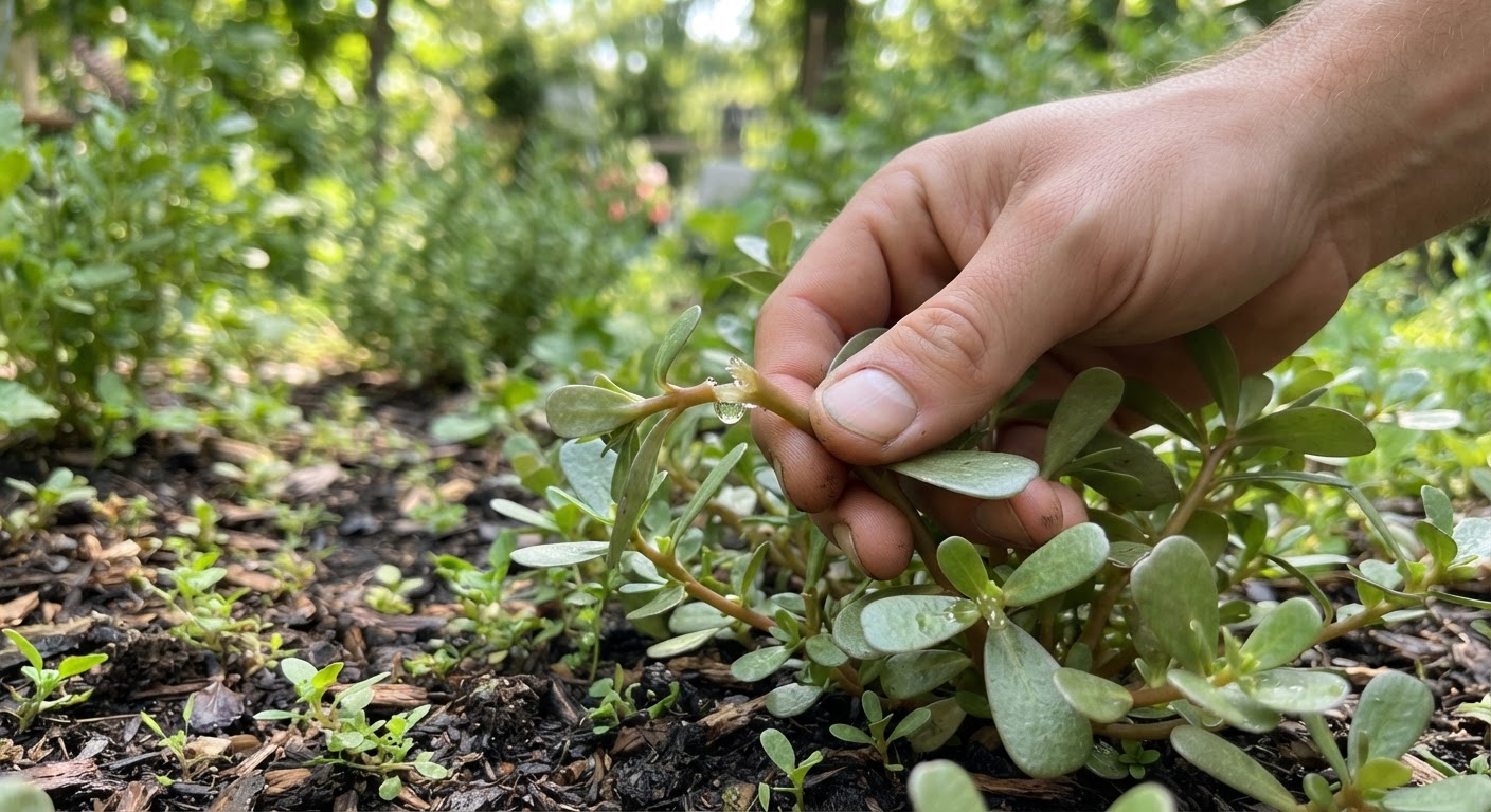 Close-up of a forager hand snapping a purslane stem to show clear watery sap, demonstrating the identification test, outdoor natural lighting, green garden background, realistic, shot by iphone 13