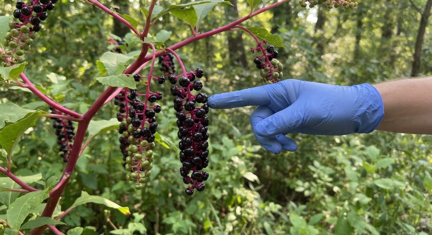 Close-up of toxic pokeweed berries on a plant stem with dark purple-black berries and bright pink stems, a hand wearing gloves pointing at the berries, green foliage background, natural outdoor daylight, realistic, shot by iphone 13