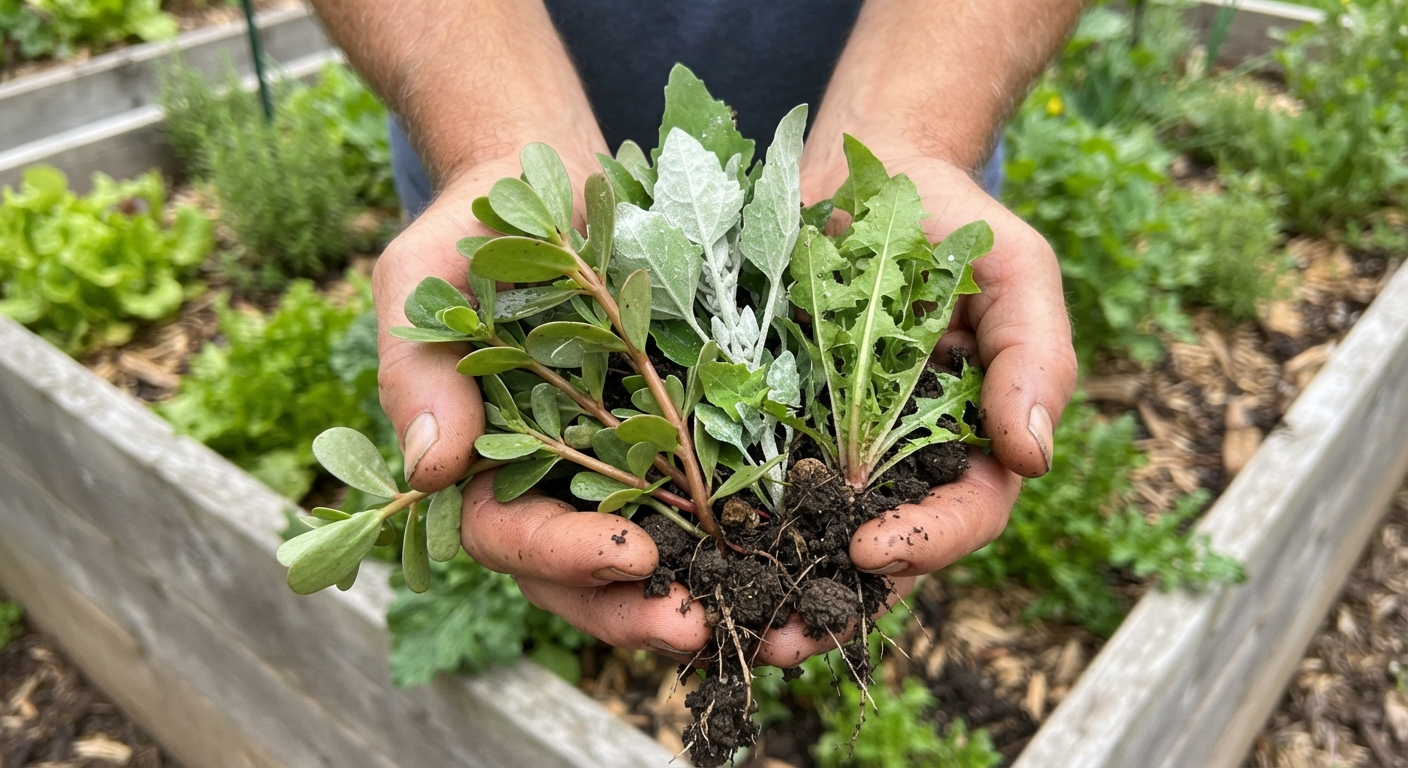 Close-up of two hands holding fresh wild edible plants straight from a home garden - purslane succulent leaves, lambsquarters with their dusty coating, and young dandelion greens, rich soil still clinging to roots, natural daylight, wooden garden bed in background, realistic, shot by iphone 13
