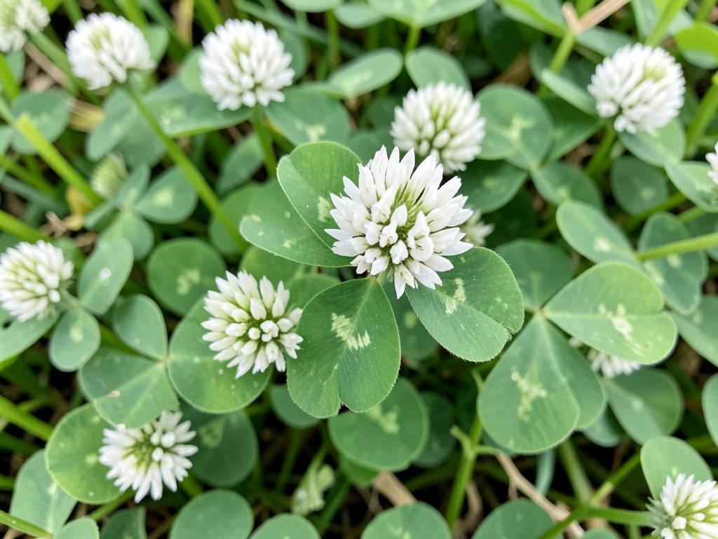Close-up macro of white clover leaves and round flower heads