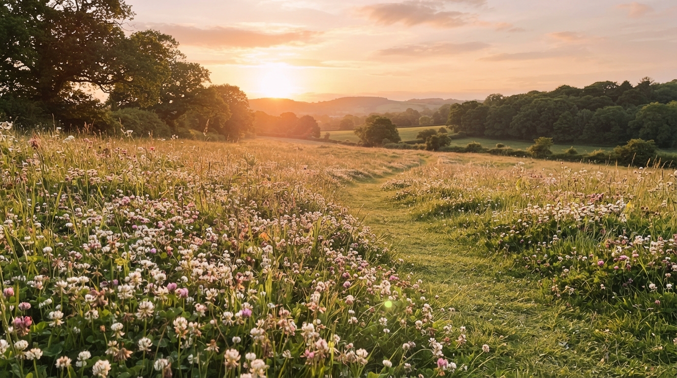 Clover meadow at golden hour with warm sunset light