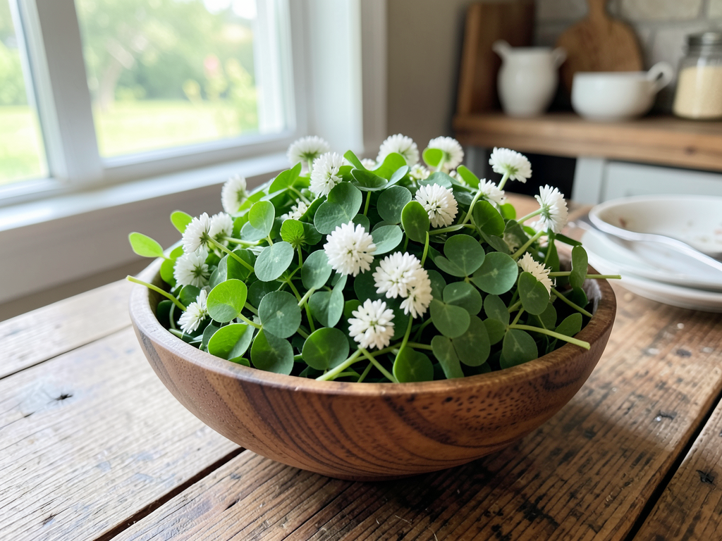 Fresh clover salad with flowers in a rustic bowl