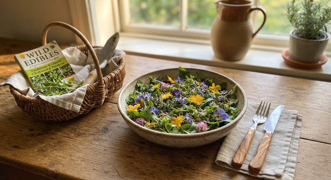 Wild foraged salad bowl on rustic table