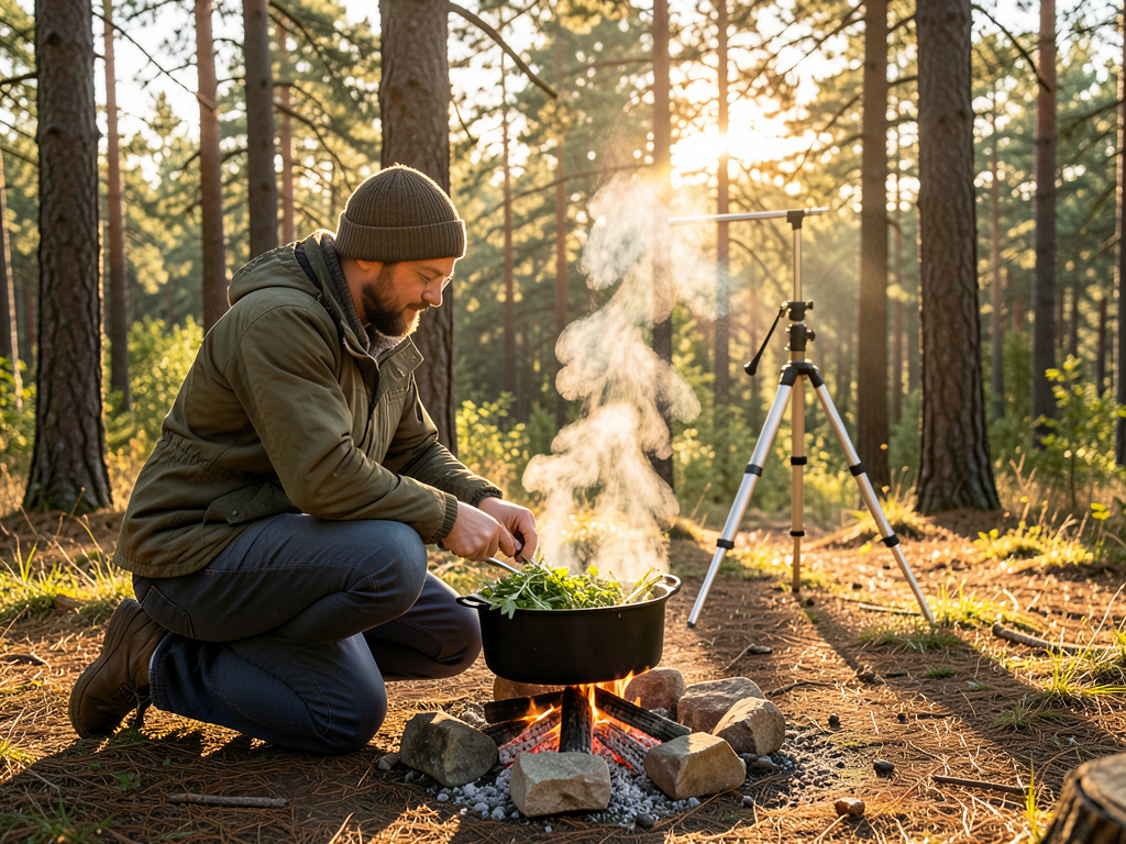 Cooking foraged wild plants over a campfire in the forest