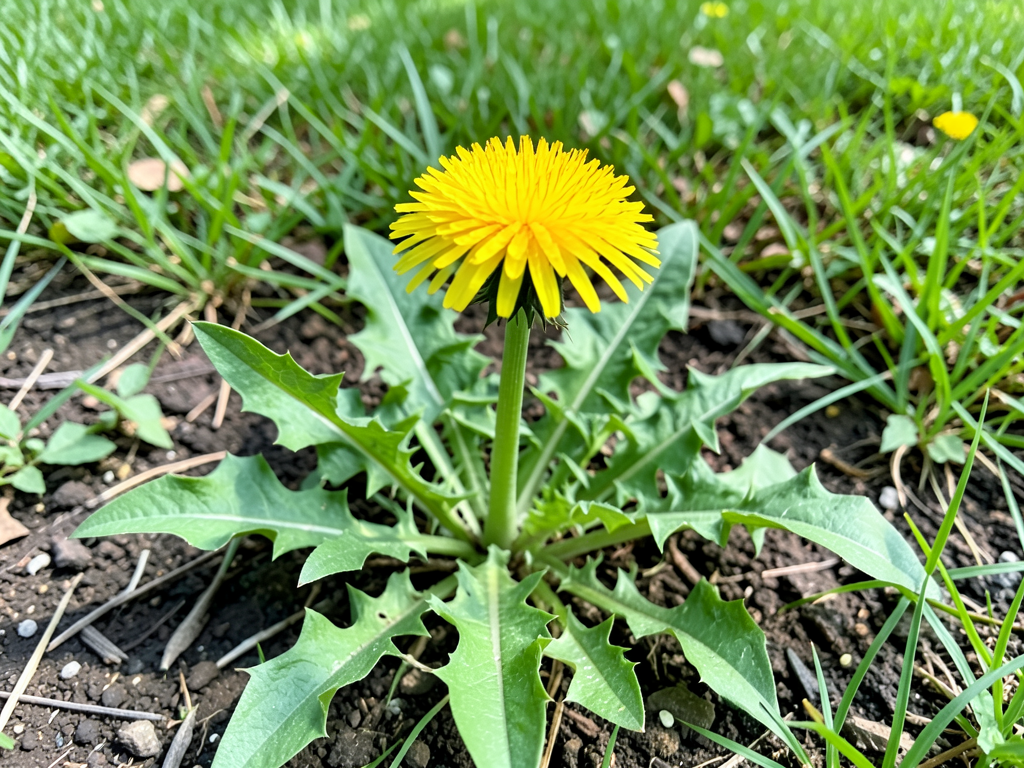 Close-up of dandelion plant in backyard lawn