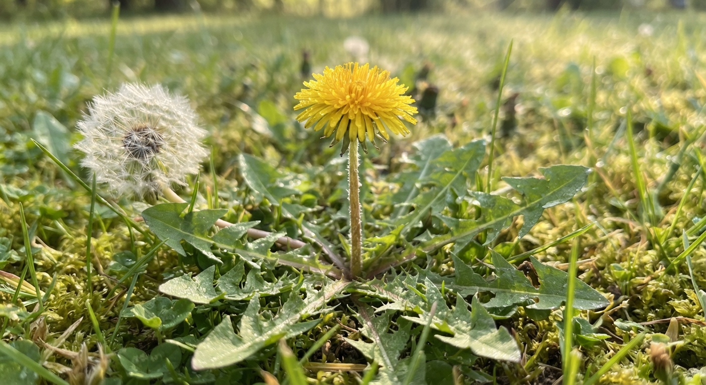 Close-up macro photograph of a common dandelion plant in a backyard lawn, showing the bright yellow composite flower, deeply toothed green leaves at the base, and a seed head nearby, natural morning sunlight, shallow depth of field