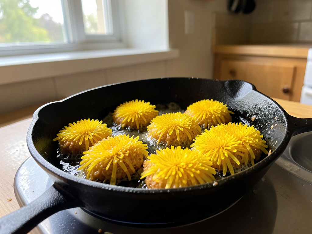 Golden dandelion flower fritters frying in a cast iron skillet